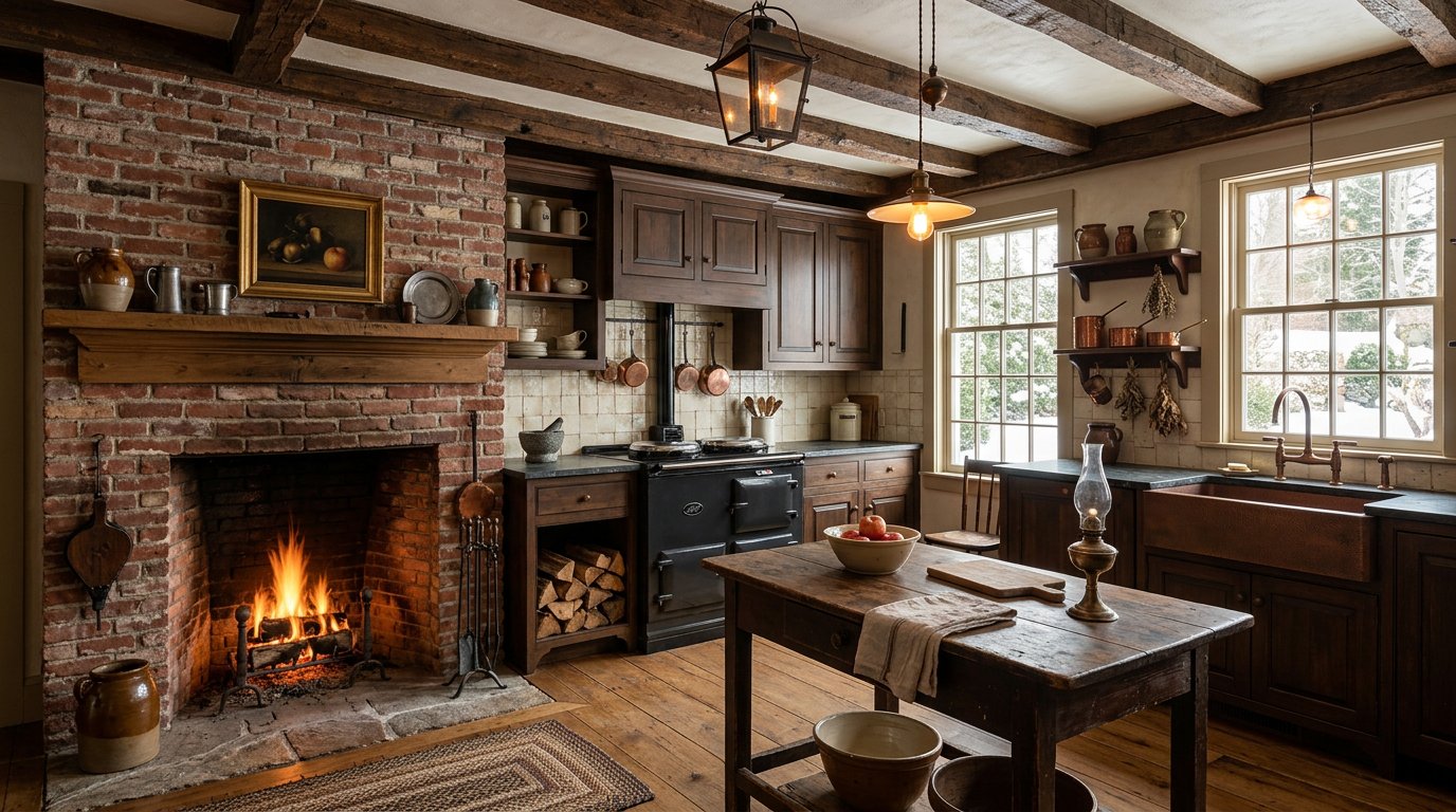 Colonial kitchen with cream tile and brick fireplace in Wethersfield CT
